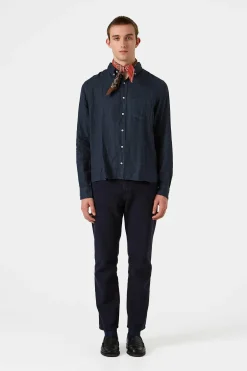 Hombre Edmmond Studios Linen Shirt Plain Navy