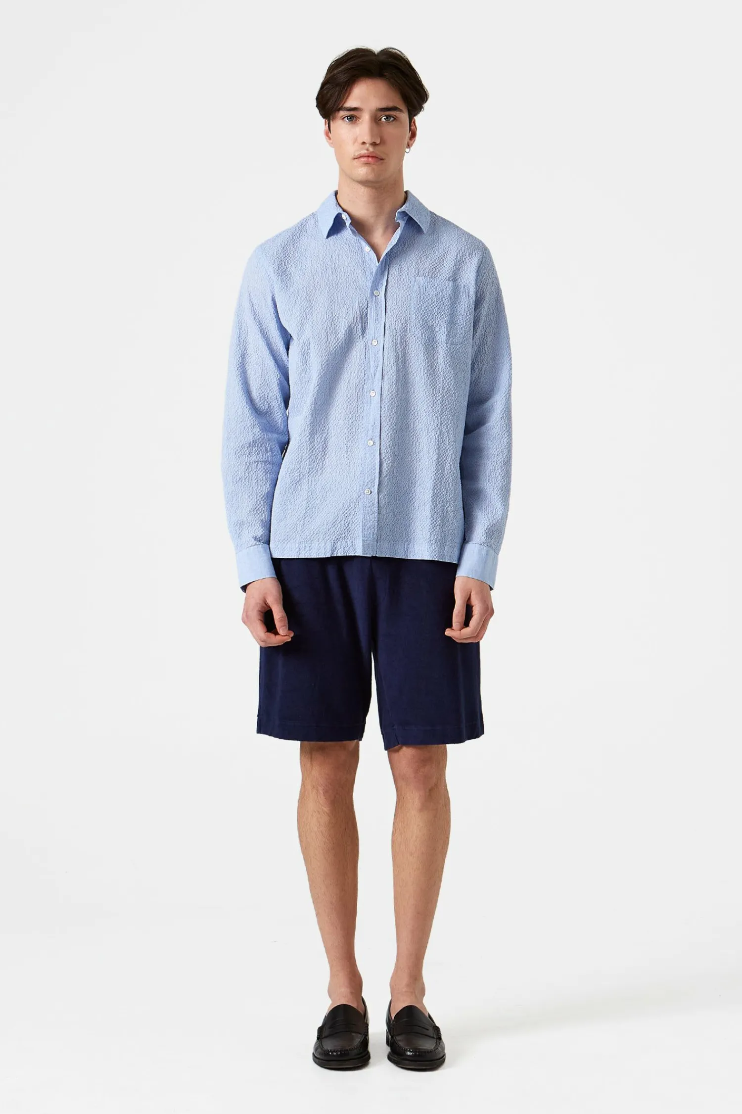 Hombre Edmmond Studios Seersucker Shirt Plain Light Blue