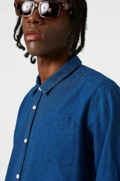 Hombre Edmmond Studios Waffle Denim Shirt Plain Stonewash